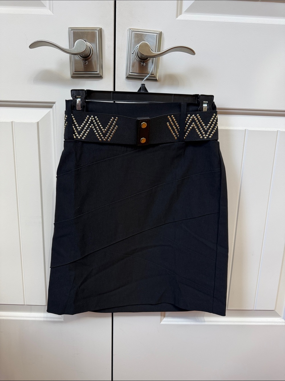 Black Pencil Skirt With Gold Stud-Embellished Belt